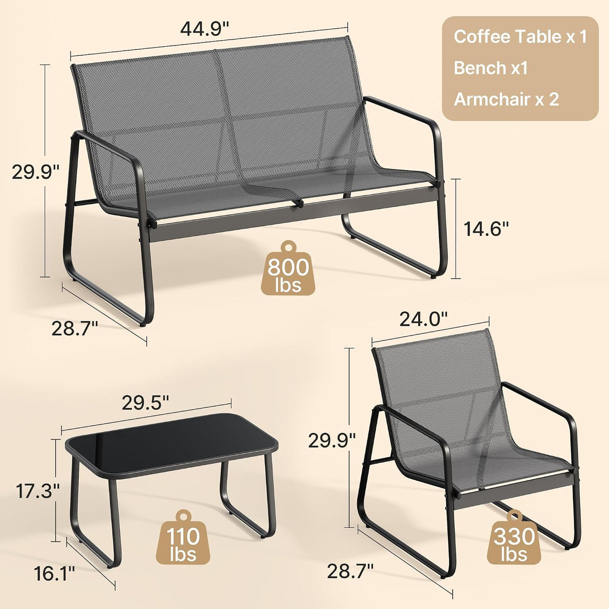 Gizoon 4 Piece Patio Furniture Set, Outdoor Conversation Set
