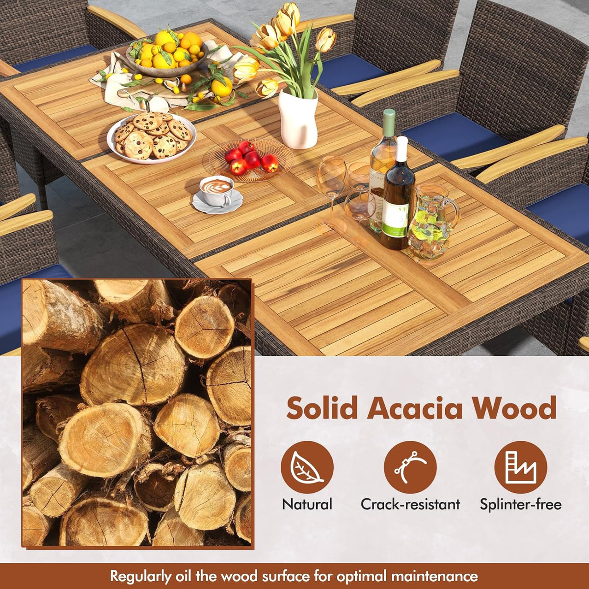 COSTWAY 9-Piece Patio Rattan Wicker Dining Set for 8 with Umbrella Hole