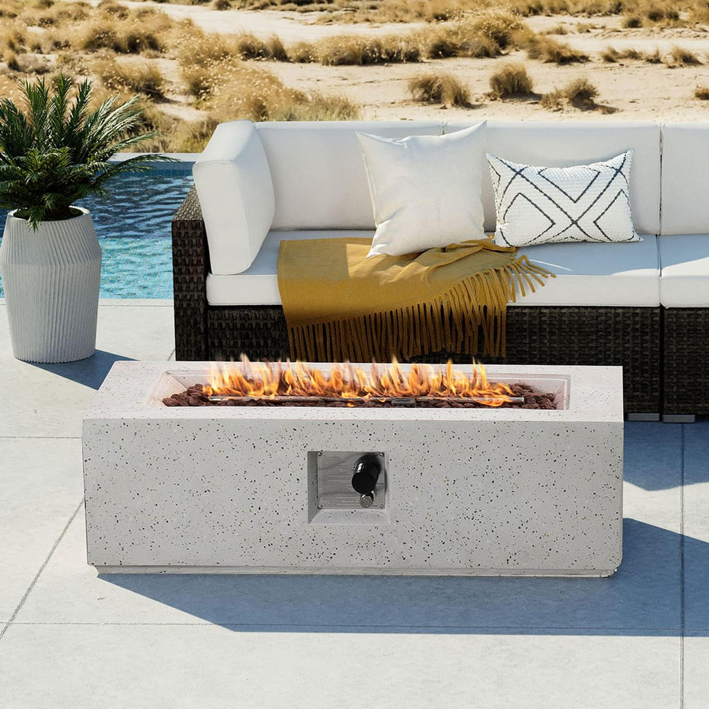 COSIEST Outdoor Fire Pit Coffee Table, 42-inch x 13-inch Terrazzo Rectangle Base Patio Heater w Certified, 50,000 BTU Stainless Steel Burner, Free Lava Rocks and Rain Cover