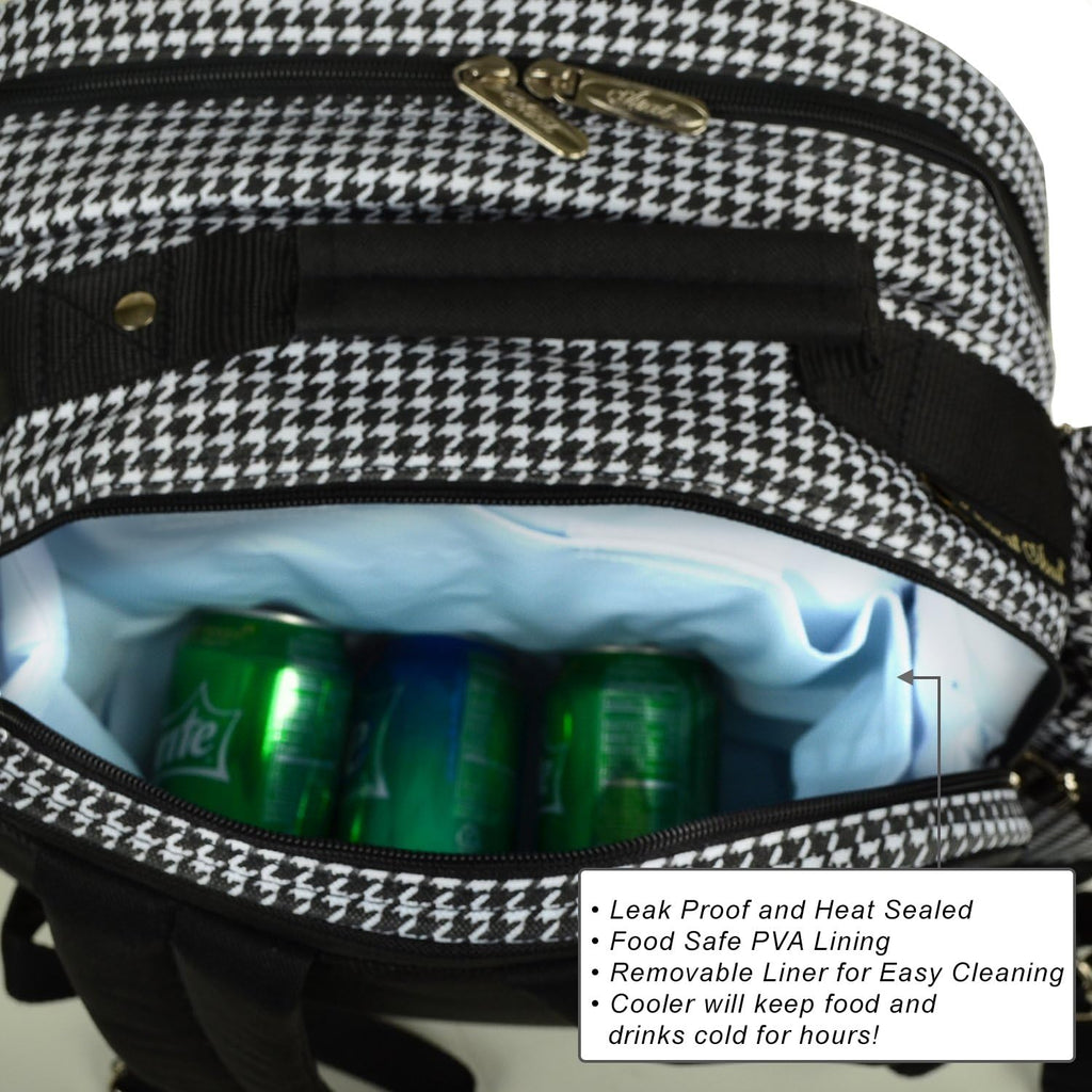 Picnic at Ascot Original Equipped Backpack for 4 with Blanket - Extra Bonus Cooler - Designed & Assembled in California - Houndstooth