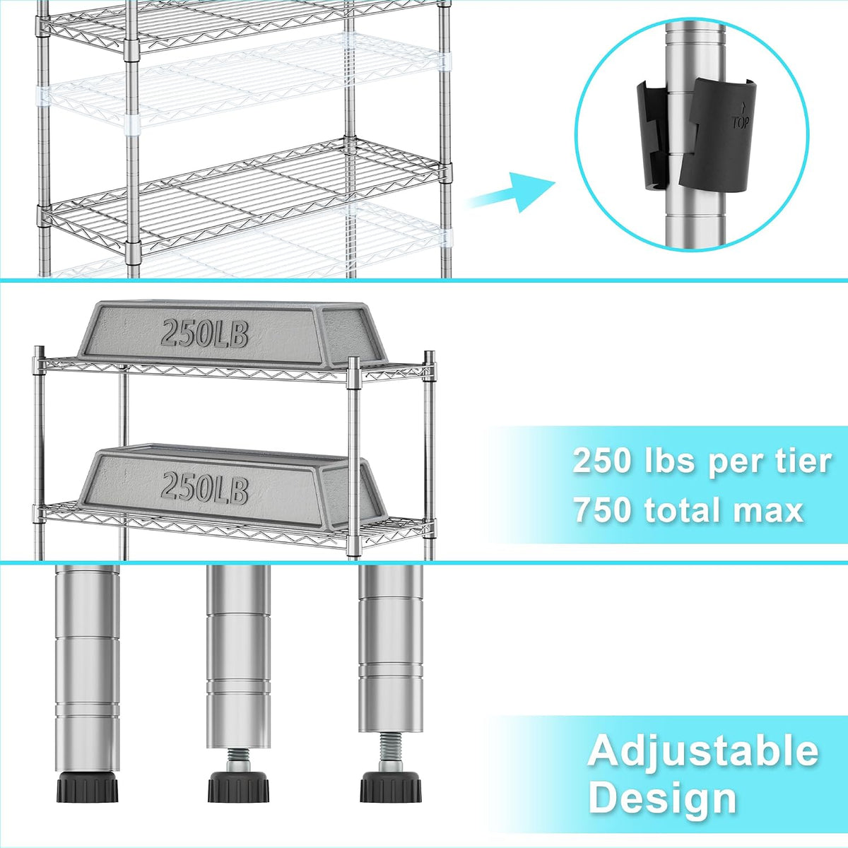 Auslar 3-Tier Heavy Duty Wire Shelving, Adjustable Storage Rack, Chrome