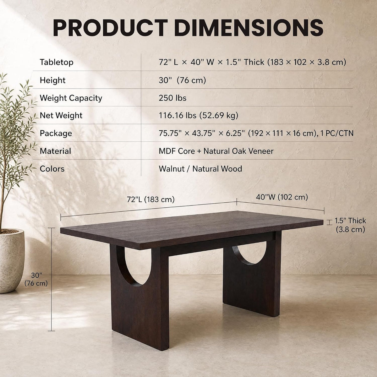 COLAMY ALVORA 72 Inch Dining Table, Rectangular Wood Dining Room Table for 6-8 People, Modern Farmhouse Kitchen Table, Natural Oak Veneer, Stable Heavy Duty Frame,Walnut