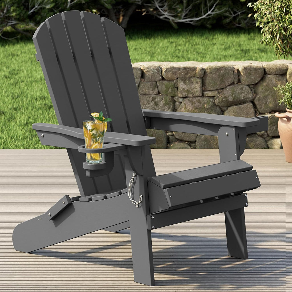 Shintenchi Folding Adirondack Chair,HDPE All-Weather Patio Chair with Cup Holder & Phone Holder,Wooden Textured Fire Pit Chair for Patio,Outside,Deck,Backyard,Dark Grey