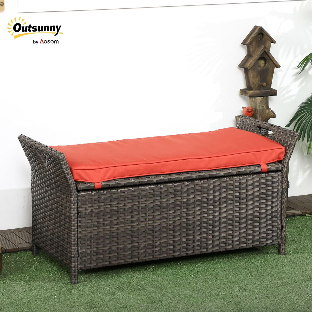 Outsunny 29 Gallon Patio Wicker Storage Bench Outdoor PE Rattan Red