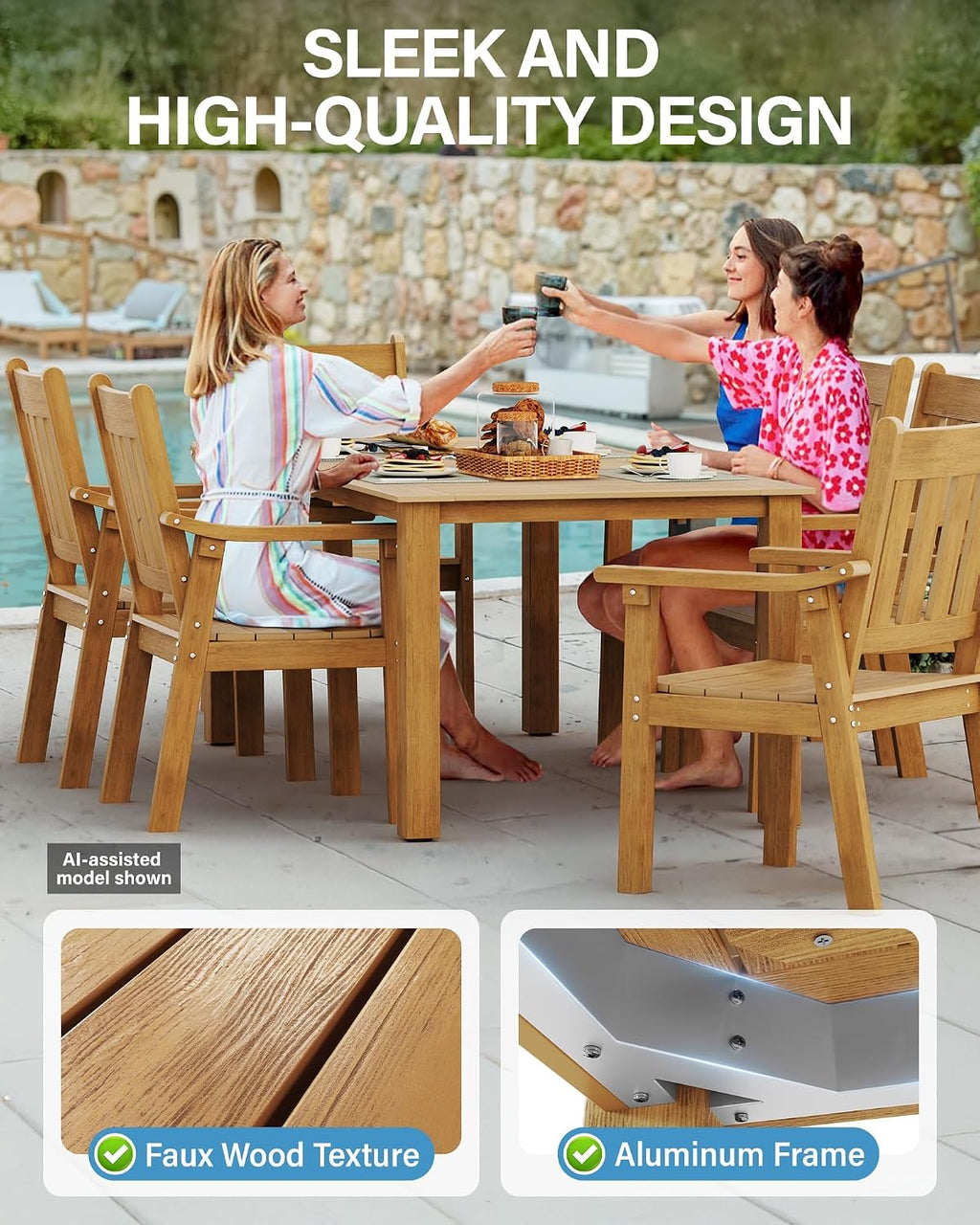 YEFU 5-Piece Patio Table Set, All-Weather HIPS, Metal Aluminum Frame, Teak