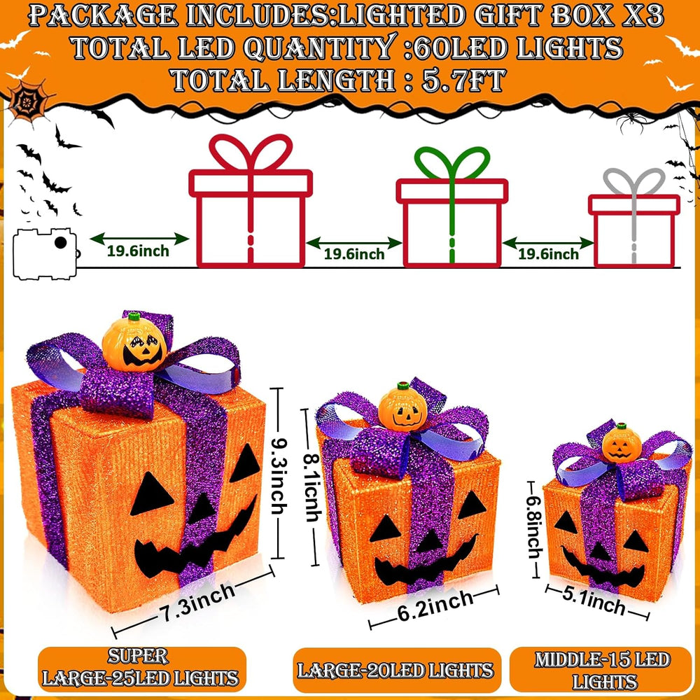[ 8 Modes & Timer ] 3 Pack Halloween Decorations Lighted Pumpkin Gift Box