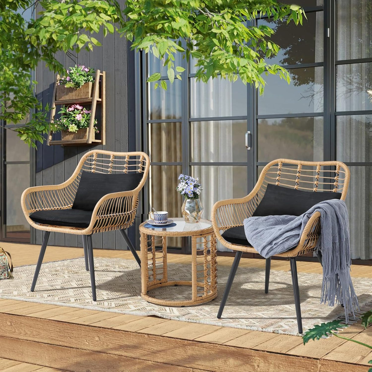 JOIVI 3 Piece Wicker Patio Bistro Set, Small Patio Conversation Set, Black