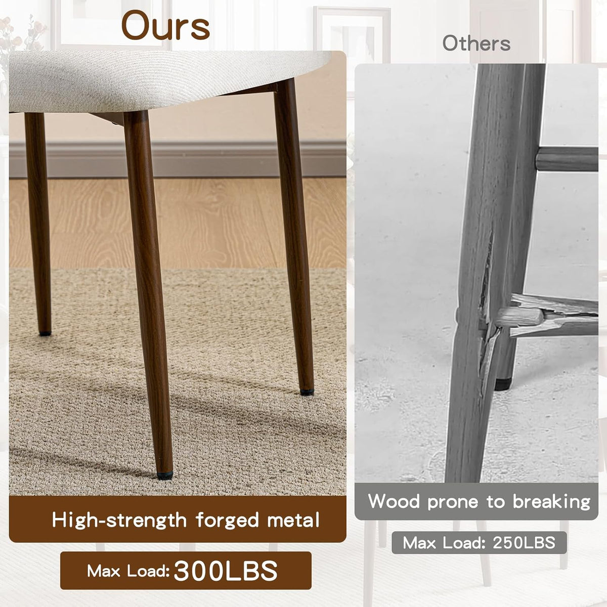 Furniliving Mid Century Modern Dining Chairs Set of 4, 300 lbs Capacity Upholstered Linen Kitchen Chairs with Walnut Grain Metal Legs and Ergonomic Curved Back, Beige(Walnut/Linen)