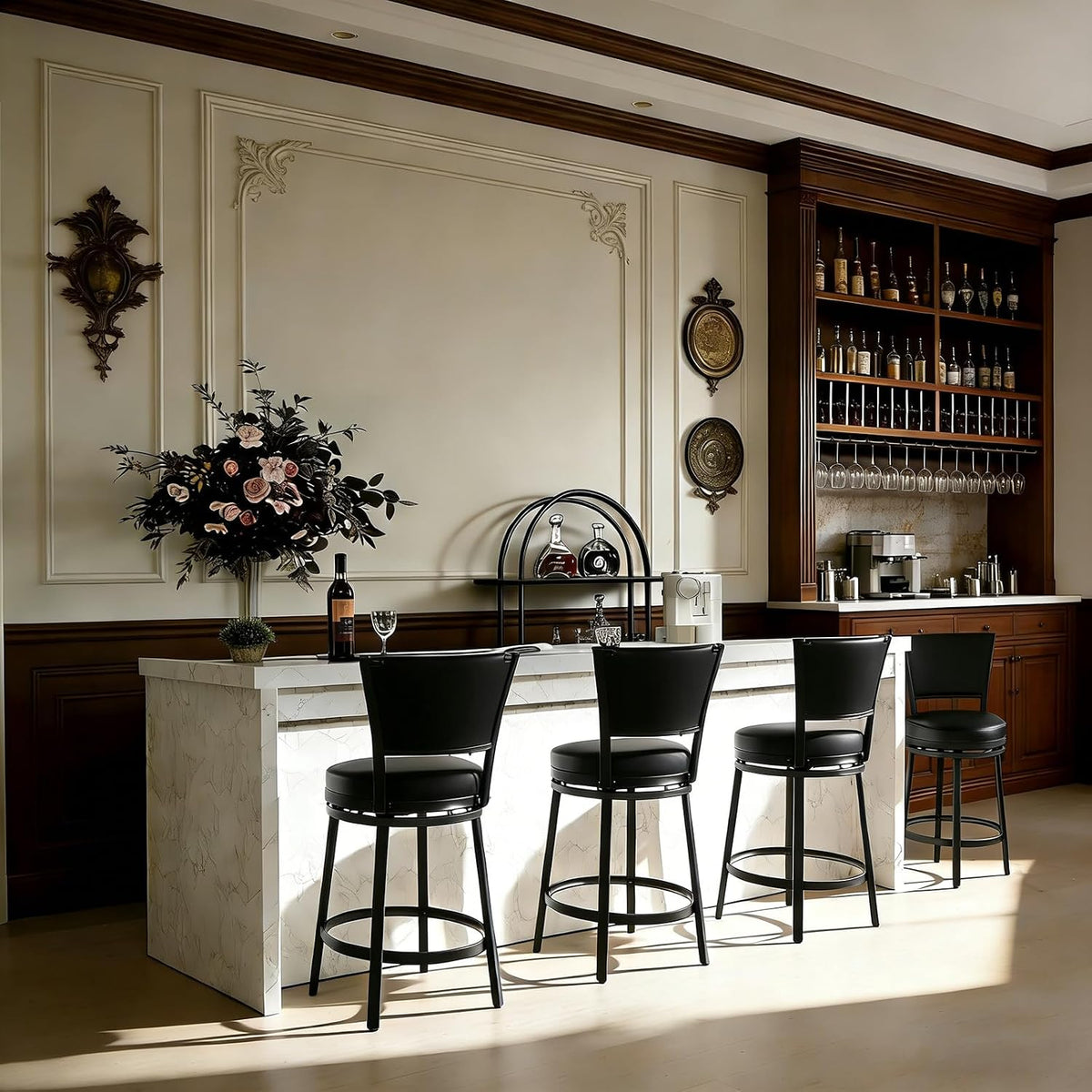 Swivel Bar Stools Set of 2, 25 inch Counter Height Barstools, Modern Metal Swivel Bar Chairs with Backrest, Faux Leather Upholstered Counter Height Chairs for Kitchen Island, Black