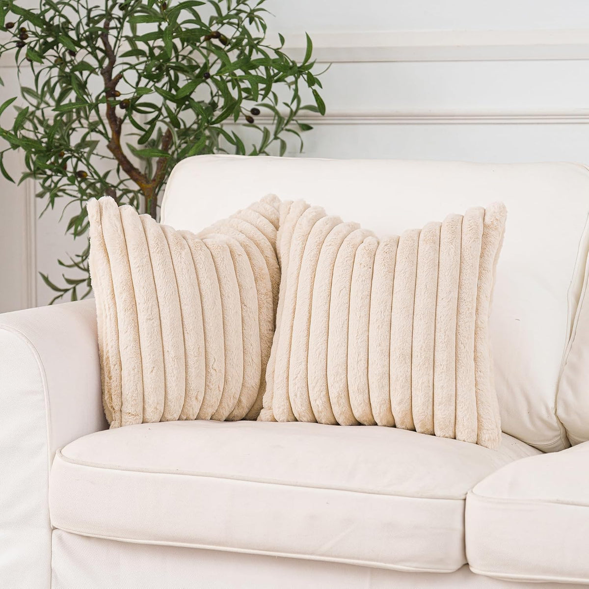 NiNi ALL Beige Faux Fur Throw Pillow Covers 26x26, Set of 2 Cushion Cases