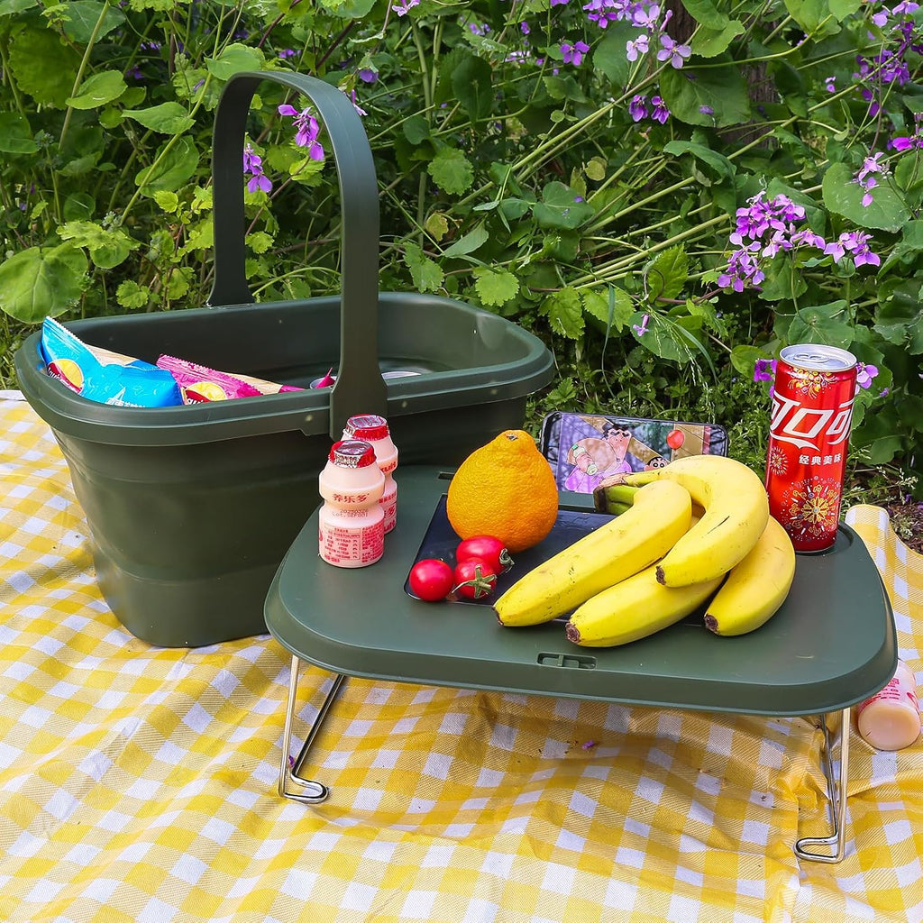 Collapsible Picnic Basket 16L, Folding Basket for Picnic with Lid Table, Waterproof Large Picnic Basket with Handles, Portable Collapsible Storage Basket for Camping, Outdoor, Travel，Green