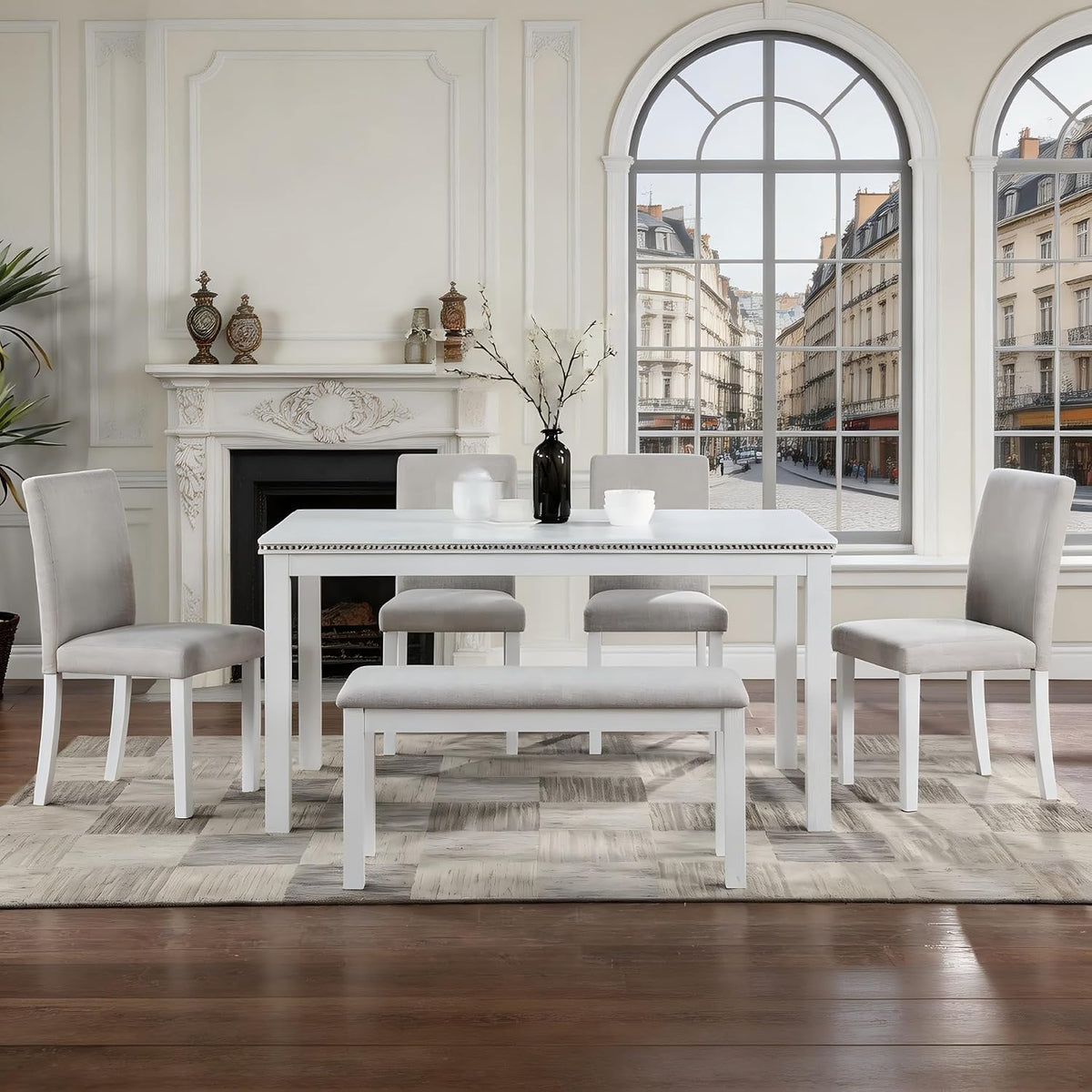 LUMISOL 6-Piece Dining Table Set for 6, Solid Wood Kitchen Table Set with 4 Upholstered Chairs & Bench for Kitchen, Dining Room, Living Room, White