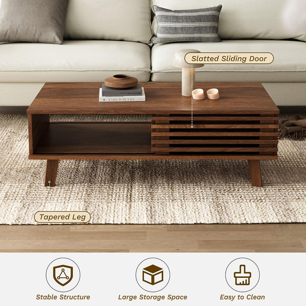 Mid Century Modern Coffee Table, Wood Coffee Table with Storage, Walnut