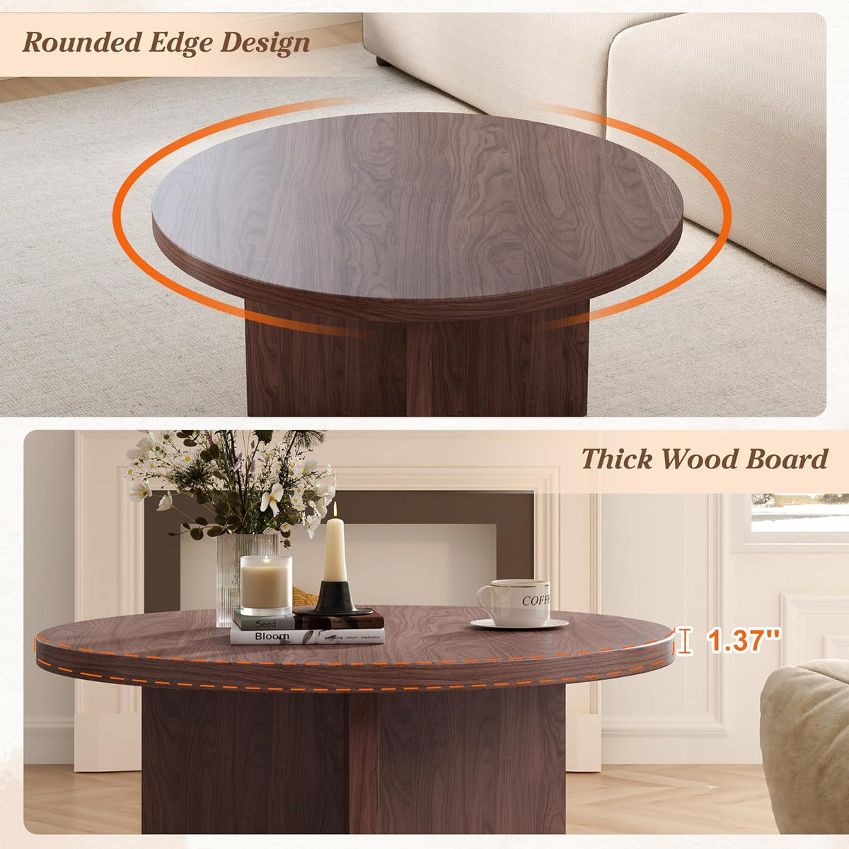 Round Coffee Table, 31.5" Mid Century Modern Center Tables for Living Room