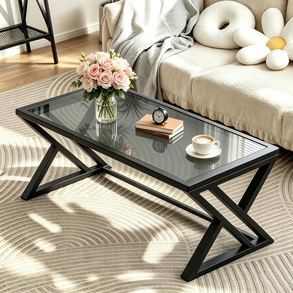 Wolawu Coffee Table Grey Glass Coffee Table for Living Room,Modern Rectangular Center Table with Sturdy Metal Frame,Tempered Glass Tables for Bedroom Home Office