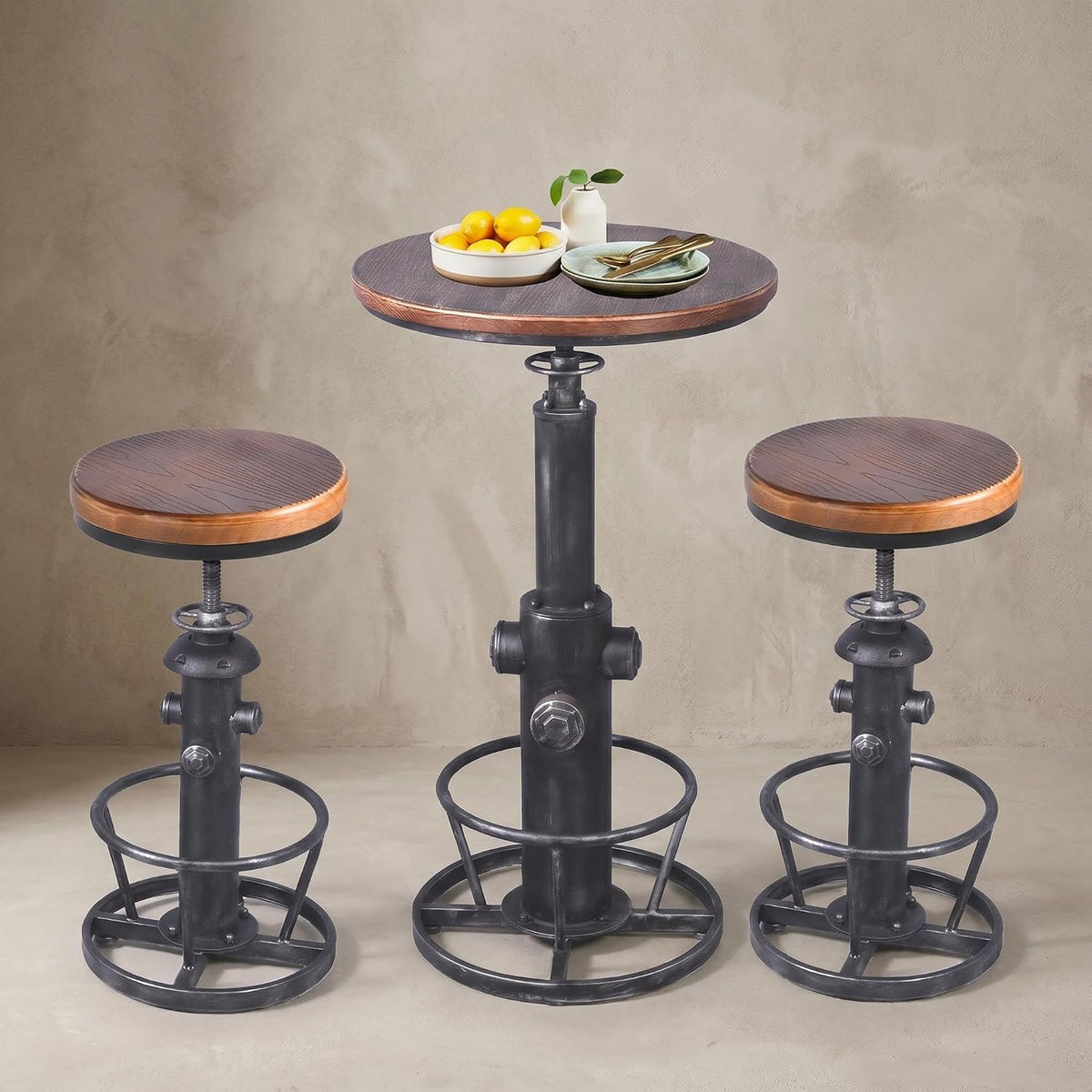 Topower 3 Piece Pub Bar Set Retro Round Bar Table and Stools for 2 Height Adjustable Pub Desk and Stools Match Bar Height and Counter Barstool Silver(1 Table + 2 Chairs)