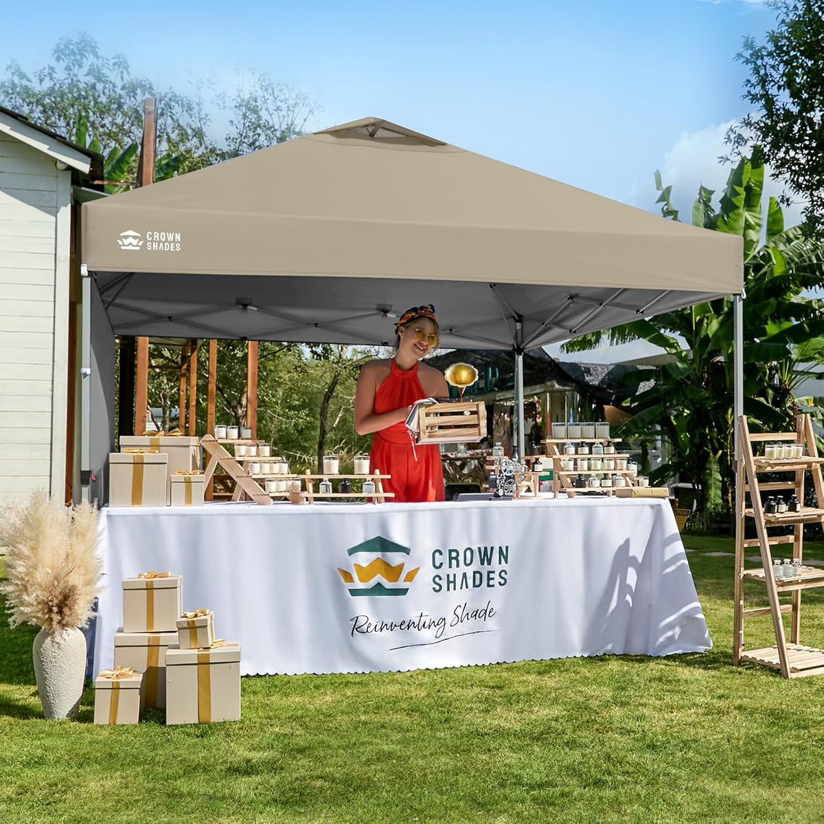 CROWN SHADES 10x10 Pop Up Canopy with 1 Side Wall, Beach Canopy Tent, Beige