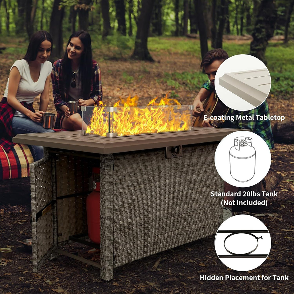 WAROOM Patio Furniture Set 4 Piece Outdoor Wicker Conversation Sets PE Rattan Couch Sectional Sofa with Fire Pit Table, Grey Cushion