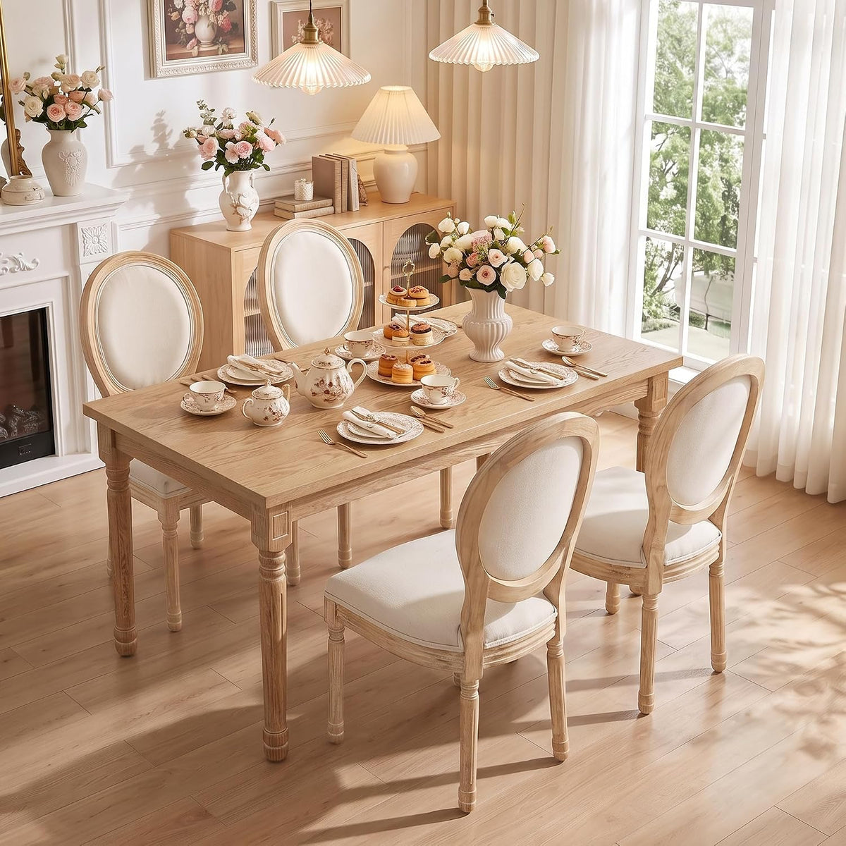French Country Dining Chairs, Beige Linen, Set of 4