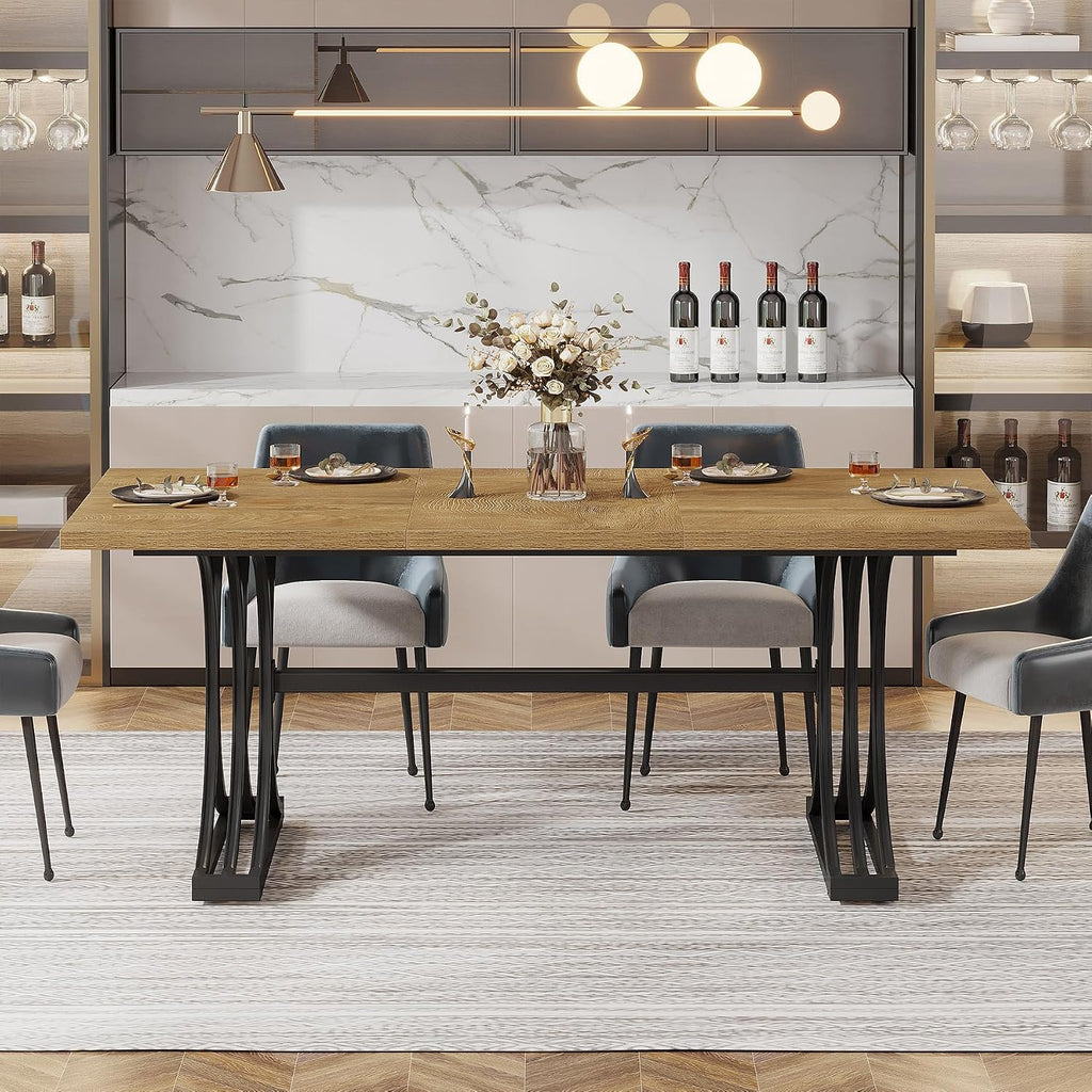 Tribesigns 63-Inch Rectangular Dining Table for 4 to 6, Modern Kitchen Table with Stylish Metal Trestle Legs, Large Dinner Table for Dining Room, Chair Not Included (Brown+Black)