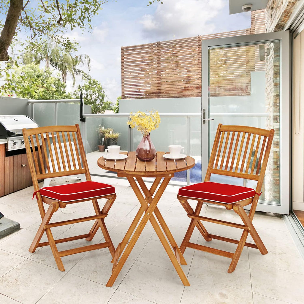 ORALNER 3-Piece Acacia Wood Folding Patio Bistro Set, Small Outdoor Balcony Furniture, Round Coffee Table and 2 Chairs with Soft Cushions, Teak Table Set for Porch, Backyard, Deck (Red)