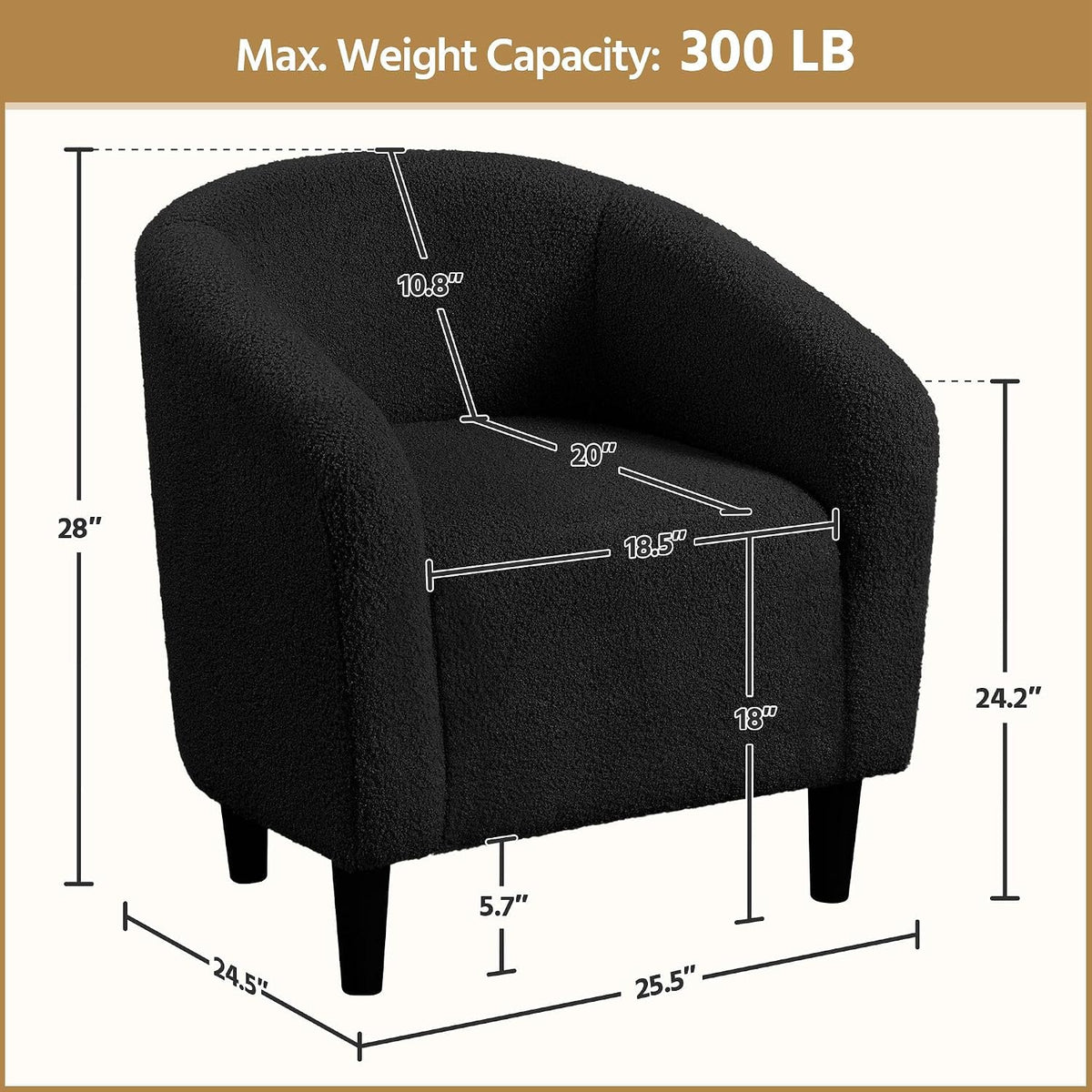 Topeakmart 25.5in Wide Small Sherpa Barrel Accent Chair for Bedroom, Black
