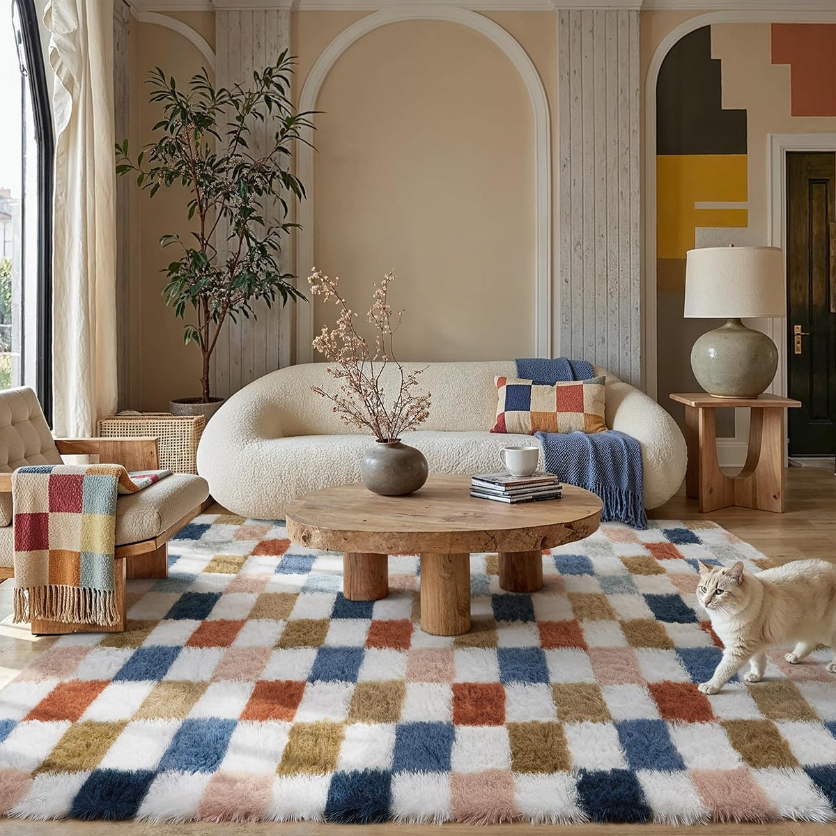 PureCozy Checkered Area Rug 9x12 for Living Room Soft Fluffy Shag Carpet