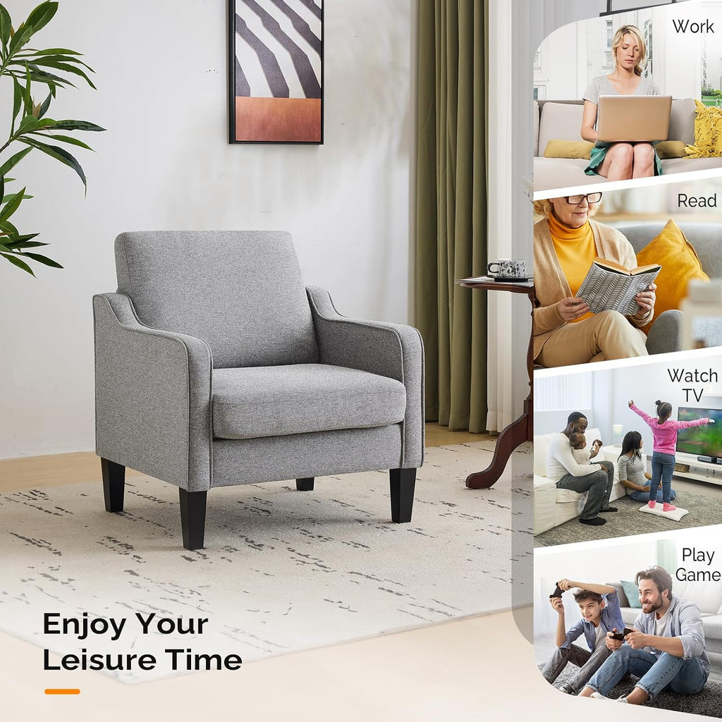 VINGLI Accent Chair, Linen Upholstered Grey Armchair for Living Room