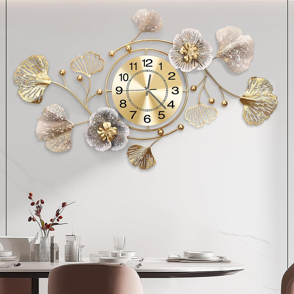 33" Modern Farmhouse Large Decorative Wall Clock, Ginkgo Metal Art
