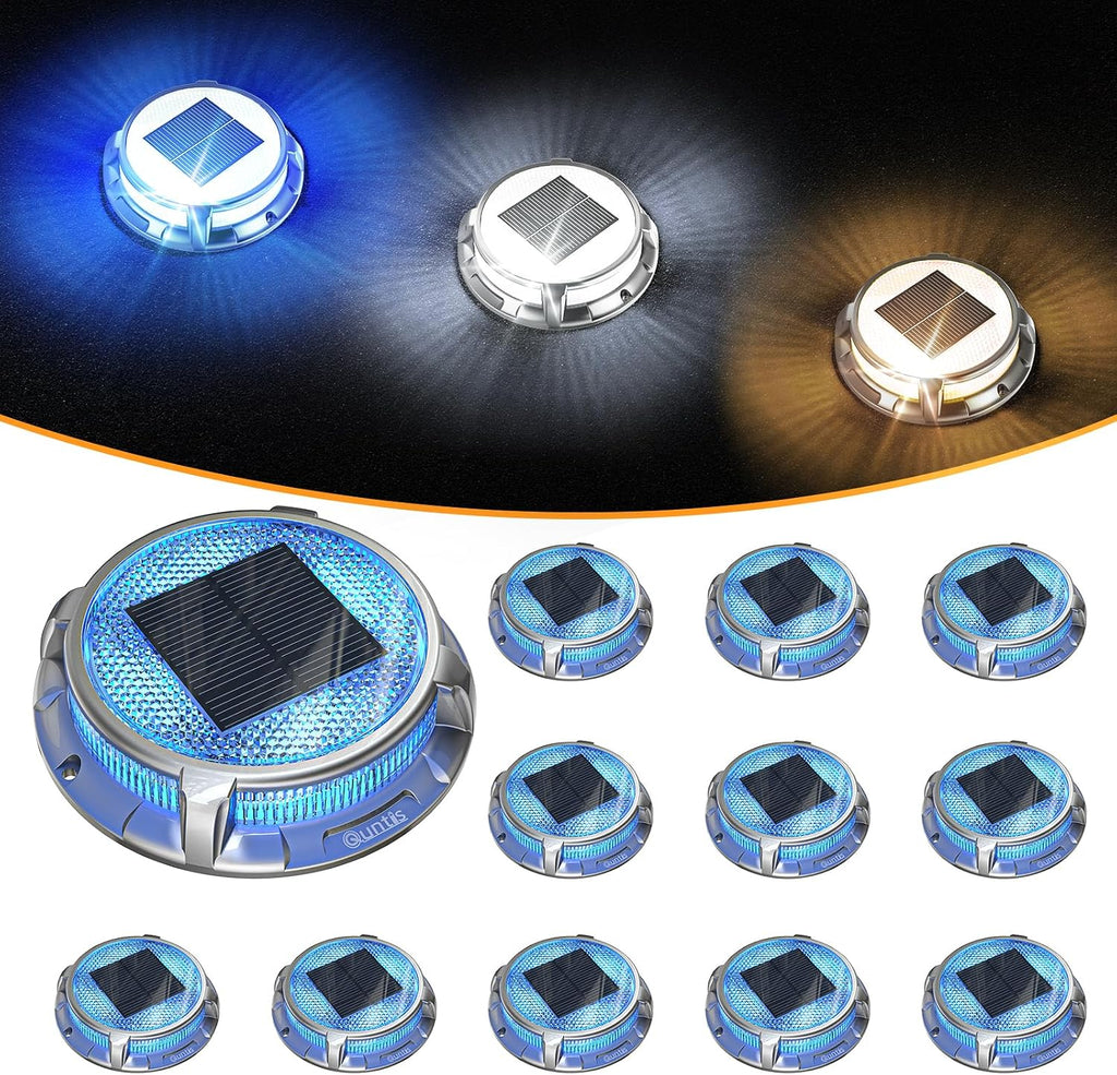 Quntis Solar Deck Lights Outdoor 12 Pack, 3 Color Modes Solar Driveway Lights IP68 Waterproof, Deck Light for Stair Pathway Pool Walkway Road (Blue/Cool White/Warm White)