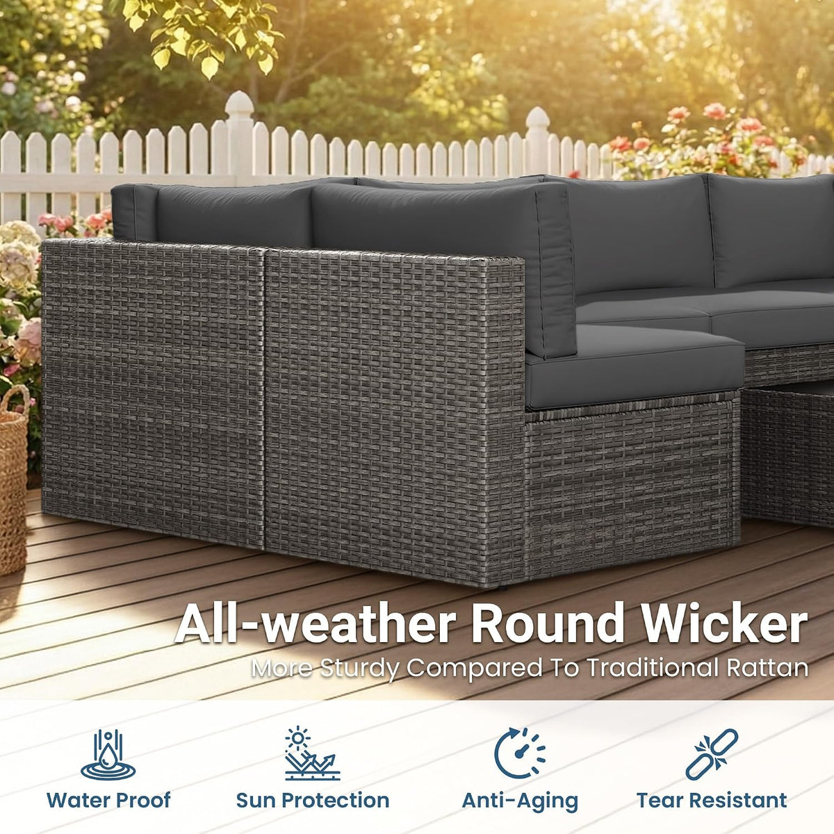 Wisteria Lane 7 Pieces Wicker Patio Furniture Set, All-Weather Patio Sectional Sofa with Coffee Table, Outdoor Sectional Furniture for Garden Backyard, Grey