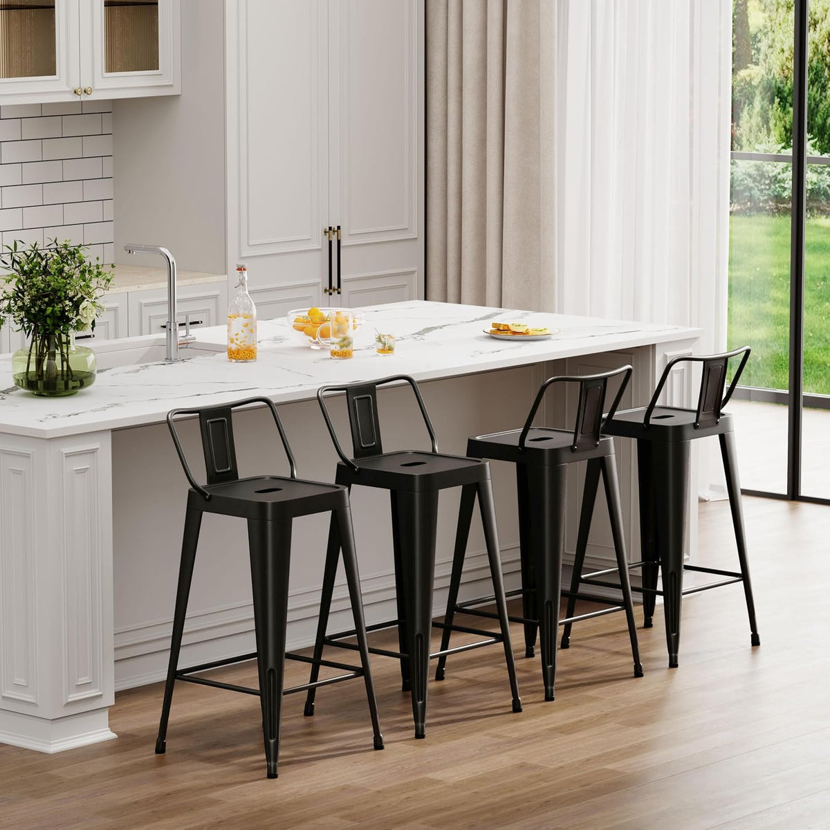 Metal Bar Stools Set of 4,26 Inch Counter Height Stools with Low Back Black