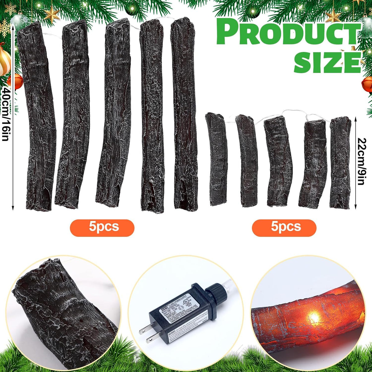 Tuanse 10 Pcs 8.7 in, 16 in Christmas Fireplace Logs Flameless Fake Logs