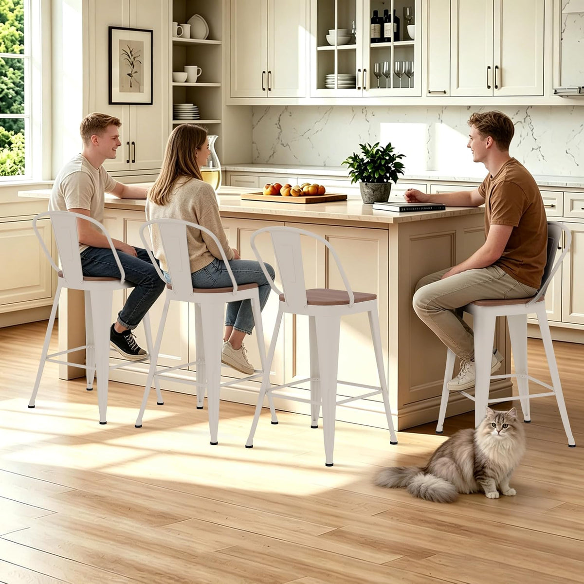 24" Metal Counter Height Bar Stools with Back Set of 4 Off-White
