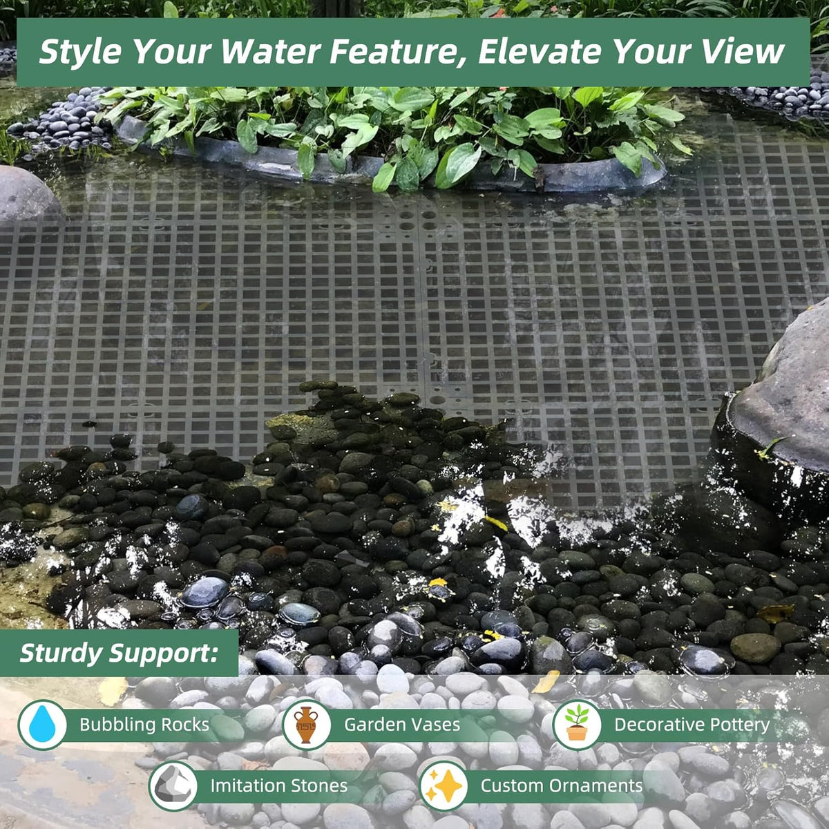 3 Pack 24" x 12" Heavy Duty Fountain Basin Grate, Hide Reservoir Grid for Pondless Waterfall, Hides Rocks, Vases and Decor, Indoor Outdoor Pond Water Garden Fountains, Snap Together Design, Gray