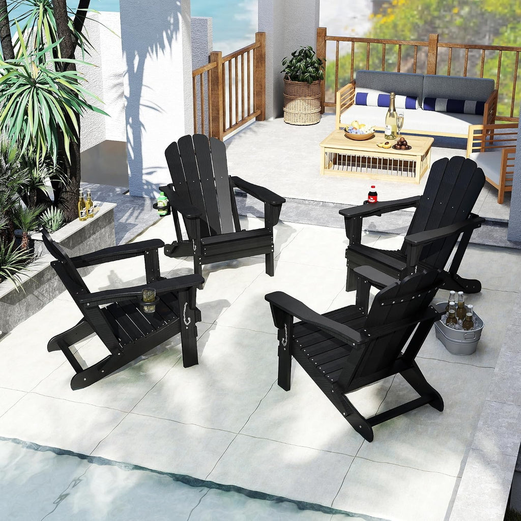Domi Folding Adirondack Chair Set of 4, HDPE All-Weather Adirondack Chairs with Cup Holder, Outdoor Plastic Fire Pit Chairs Wood Texture for Poolside, Patio, Backyard, Deck (Black)