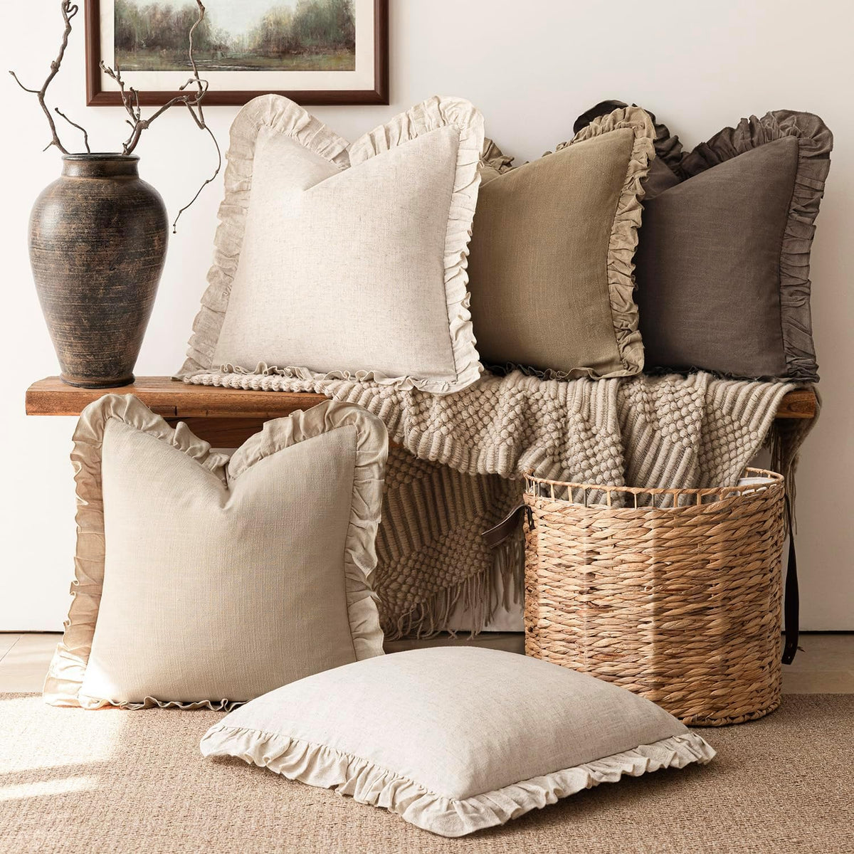 foindtower linen fringe ruffle throw pillow covers 22×22 on a desk or shelf