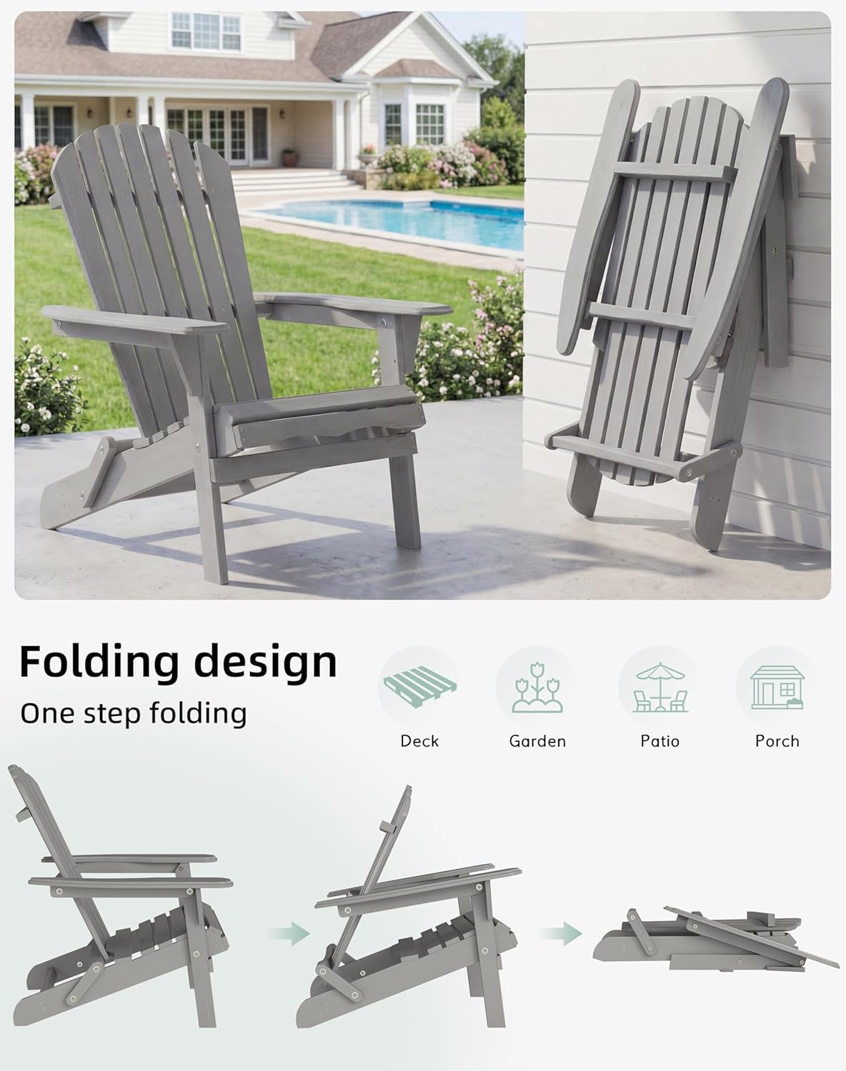 Wooden Folding Adirondack Chair Set of 4, Half Pre-Assembled Wood Lounge Chair for Outdoor Patio Garden Lawn Backyard Deck Pool Beach Firepit