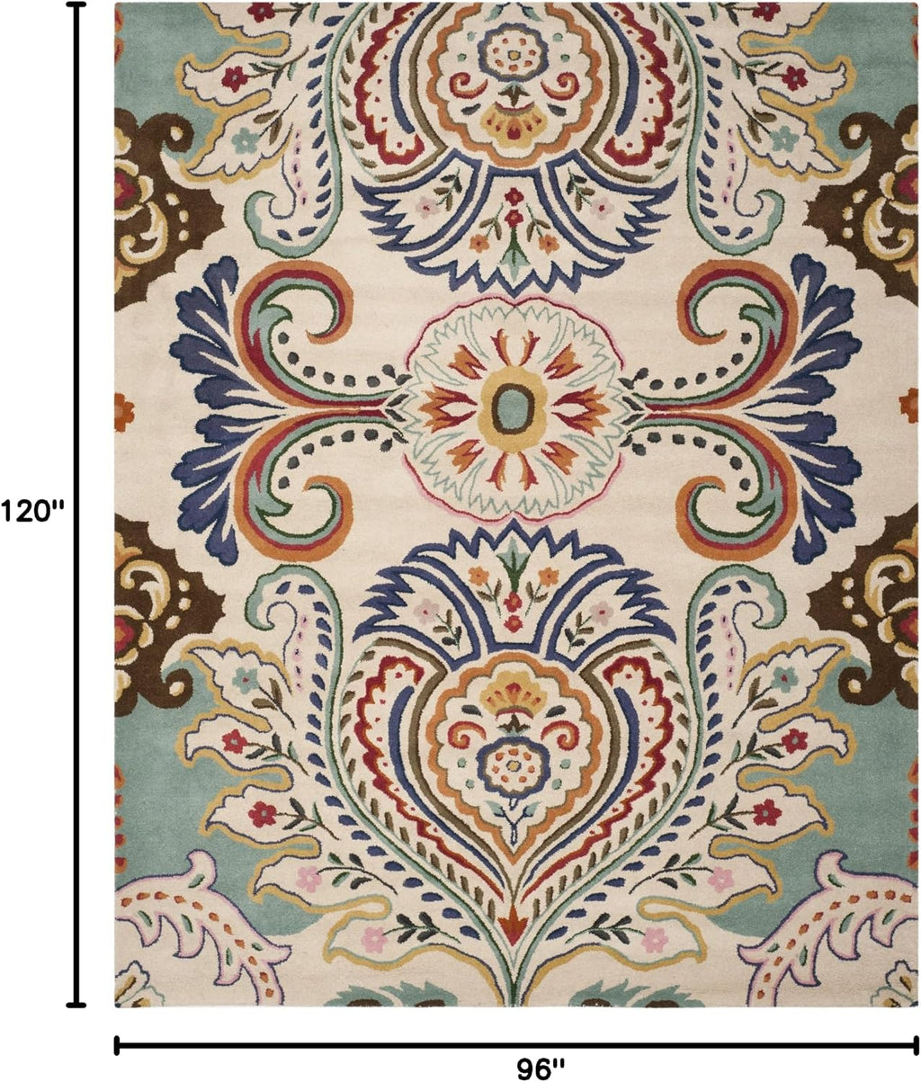 SAFAVIEH Area Rug 8x10 - Bella Collection - Large - Ivory & Teal, Handmade Wool, Boho Design, Ideal for Living Room, Bedroom, Office, Dining Space (BEL118A)
