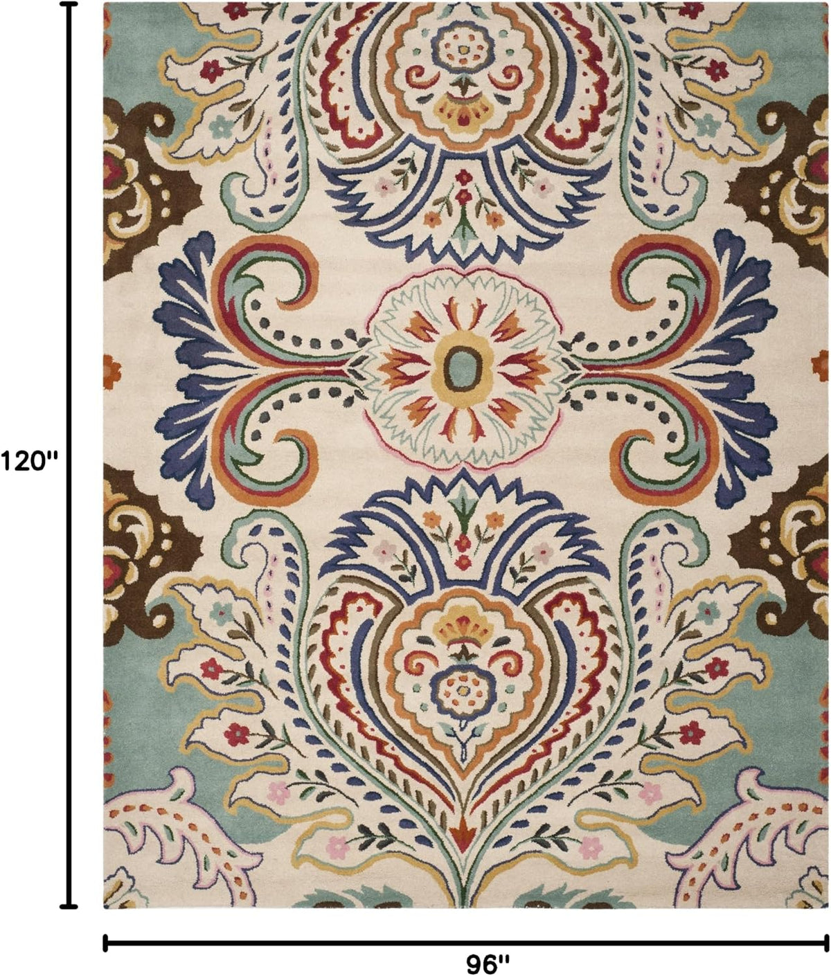 SAFAVIEH Area Rug 8x10 - Bella Collection - Large - Ivory & Teal, Handmade Wool, Boho Design, Ideal for Living Room, Bedroom, Office, Dining Space (BEL118A)