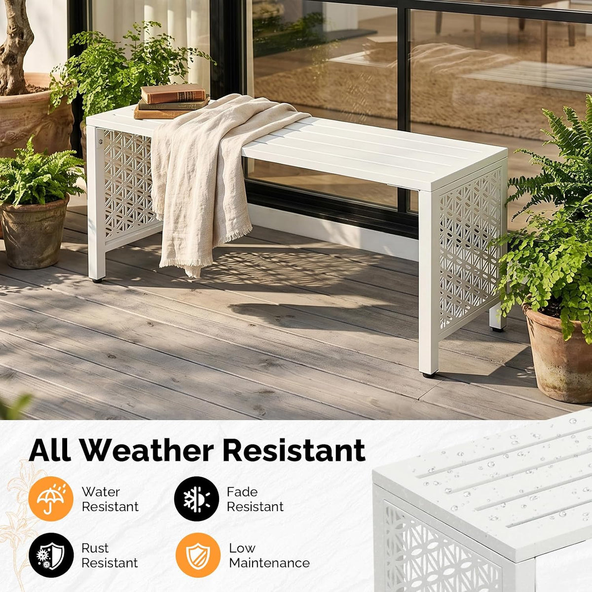 VINGLI 40in Outdoor Metal Bench, All-Weathe Backless Patio Bench with Slatted Seat＆Floral Side Panels, Rust-Resistant Garden Bench, Weatherproof Outdoor Seating for Porch Entryway Backyard (White)