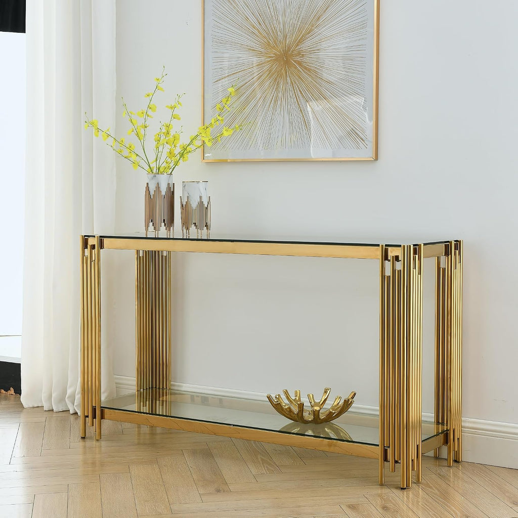 Modern Glass Console Table, 55" Gold Sofa Table with Sturdy Metal Frame and Clear Tempered Glass Top, for Living Room Entryway Bedroom, Gold Finish (Gold4)