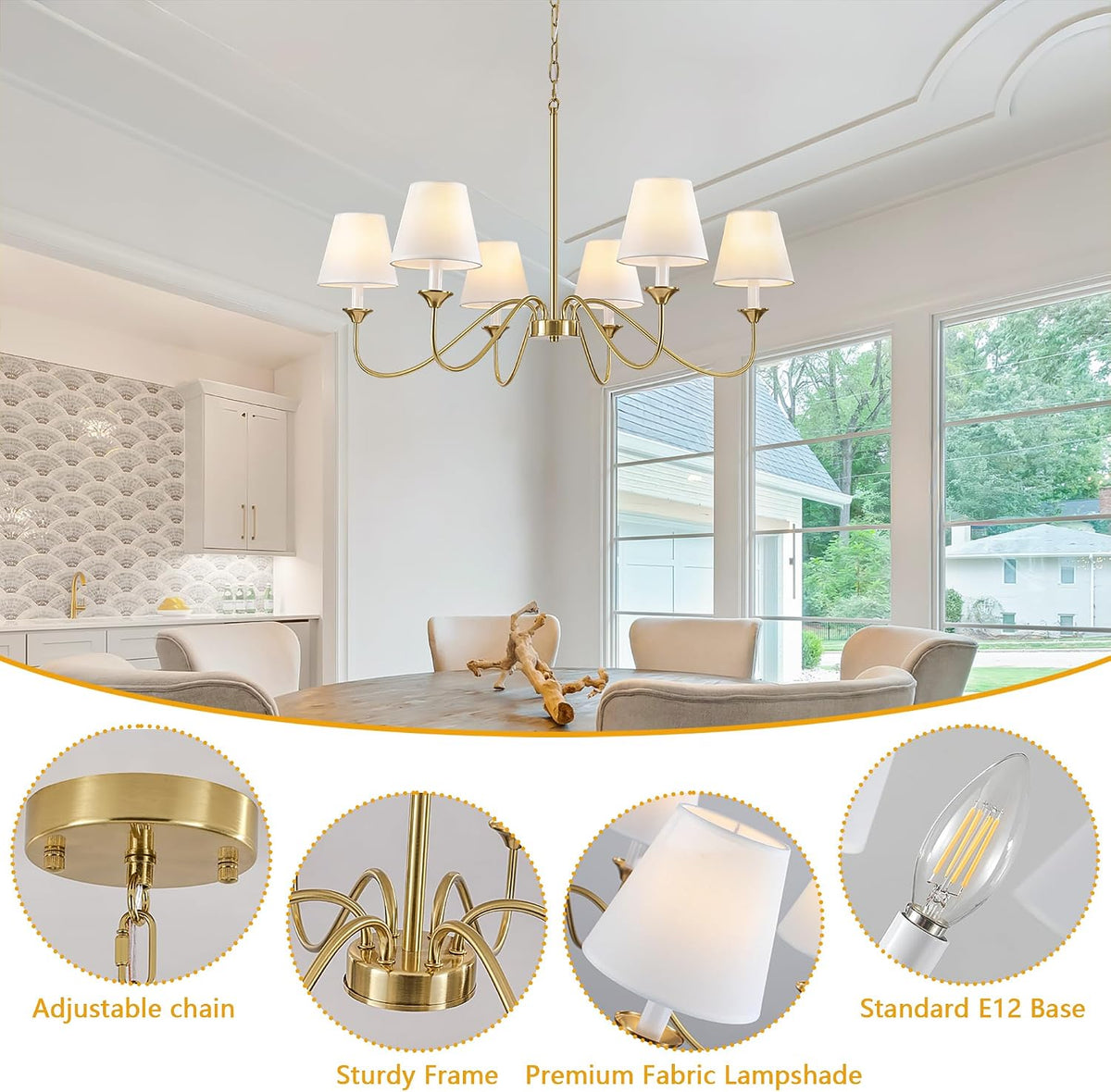 6 Lights Modern Brass Gold Chandeliers for Dining Room, Farmhouse Chandelier 35.8" Hanging Light Fixture, Adjustable Pendant Lights with White Fabric Shade for Kitchen Living Room Bedroom