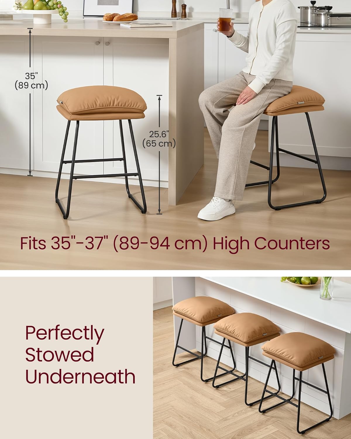VASAGLE Bar Stools Set of 2, Leather, Metal Sled Legs, 25.6 Inches