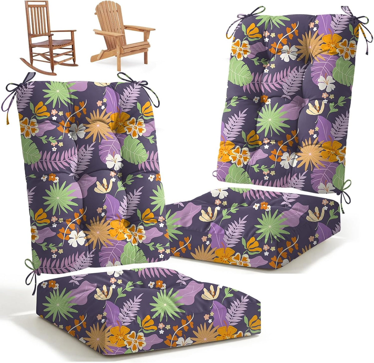 Outdoor Waterproof Rocking Chair Cushions Set of 2, Premium Oxford Patio Chair Cushions Backed Bottom Thick Cotton Rocking Chair Pads 2pcs Set of Upper and Lower with Ties, Purple Flower