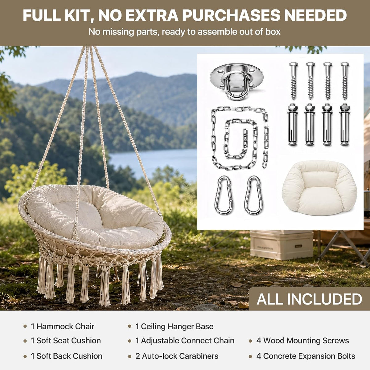 Athena Collection Hammock Chair with Hardware Kit & & Cozy Cushion, White