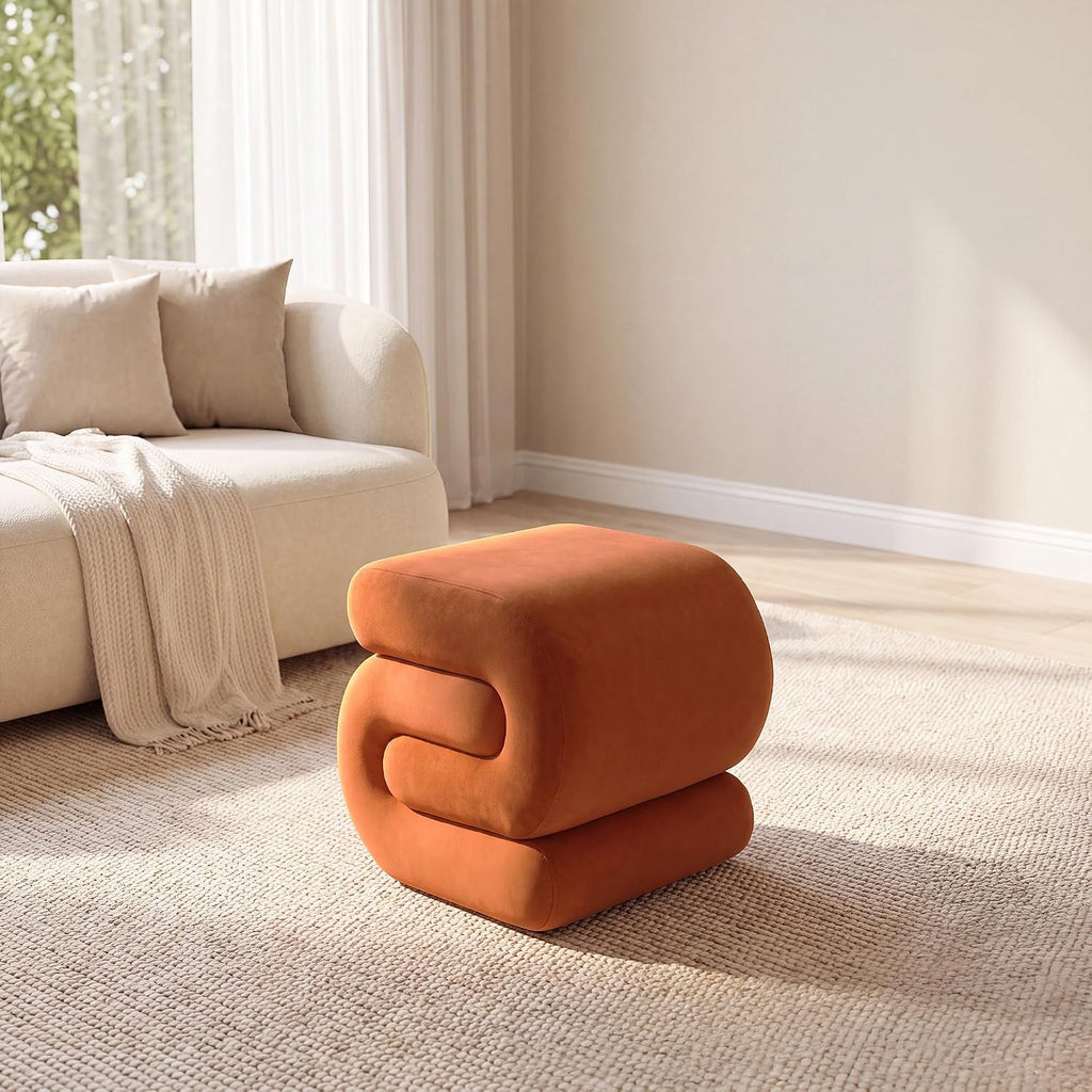 FOXHUNTER S Shape Modern Pouf Ottoman Vanity Stool, Velvet Orange