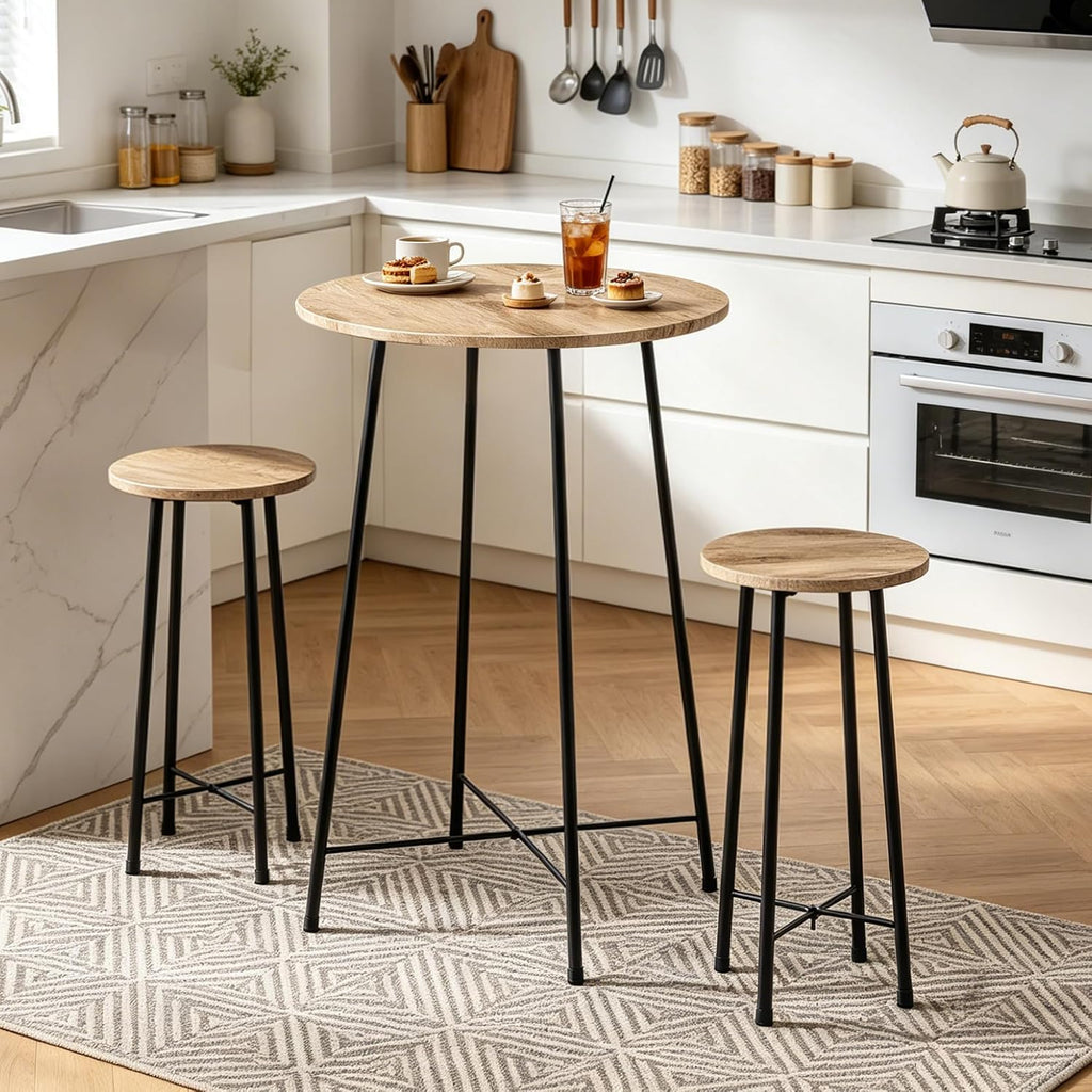 VECELO 3 Piece Pub Table and Chairs Sets Counter Height Bistro Bar Sets with 2 Barstools for Kitchen Breakfast Nook, Small Space, Apartment, Breakfast Dinner Restaurant, Maple