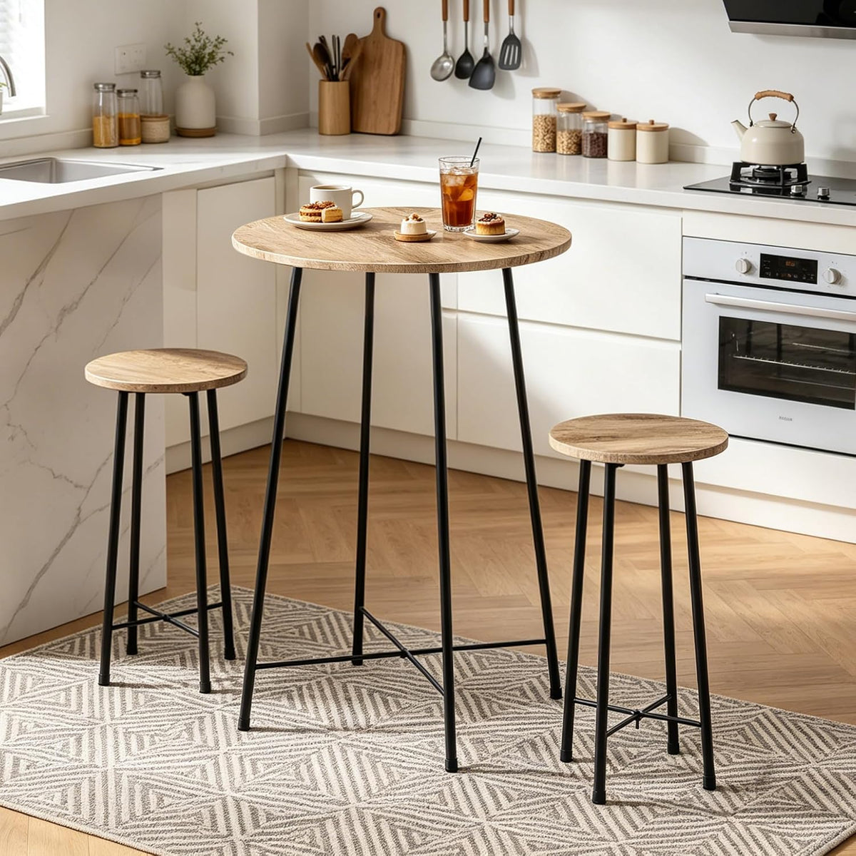 VECELO 3 Piece Pub Table and Chairs Sets Counter Height Bistro Bar Sets with 2 Barstools for Kitchen Breakfast Nook, Small Space, Apartment, Breakfast Dinner Restaurant, Maple