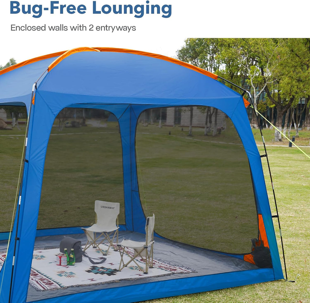 10 X 10ft Screen House Room for Camping, Screened Mesh Net Wall Canopy Tent, UPF 50+ Screen Tent with Floor for Patios Outdoor Camping Activities, Blue & Orange